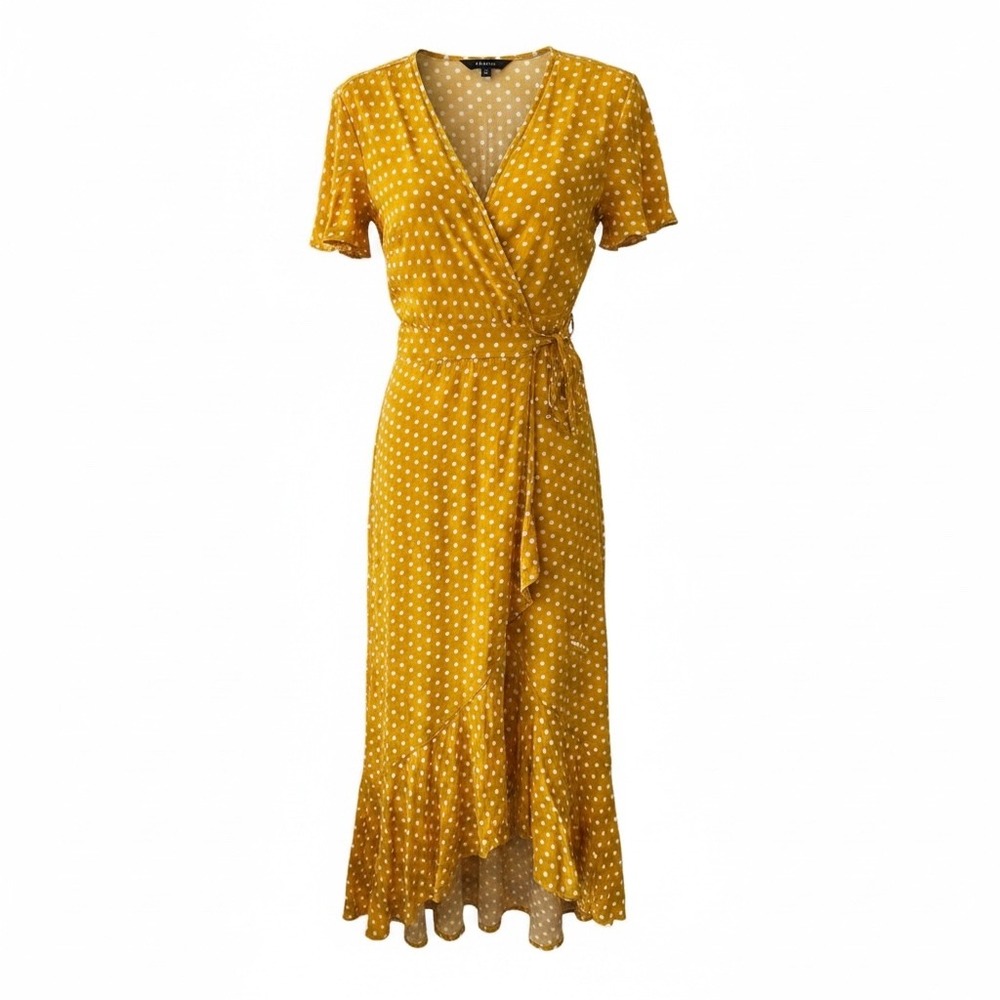 Mustard Yellow Polka Dot Wrap Dress Short Sleeve Ruffle High Low Midi Large
